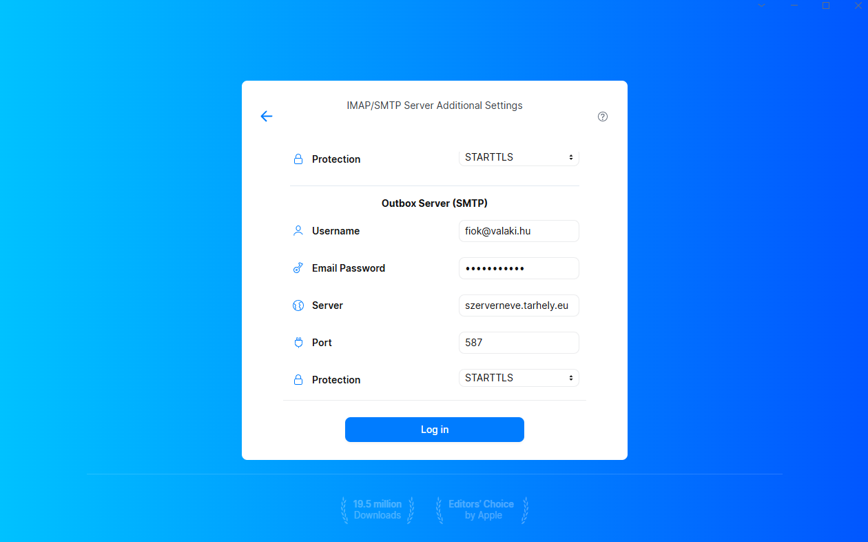 Spark SMTP-beállítás 587-es porttal és STARTTLS védelemmel