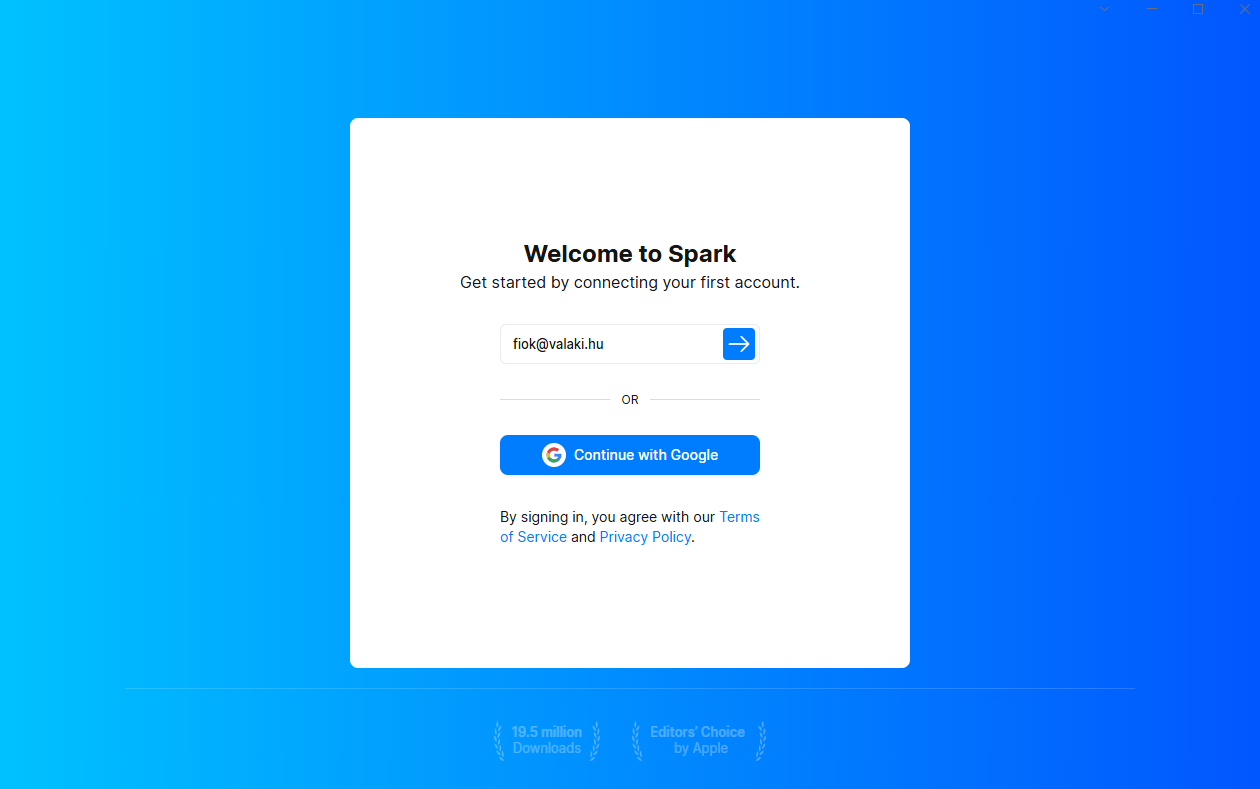 A teljes e-mail-cím megadása a Spark levelezőkliens első indításakor Windows 11 rendszeren