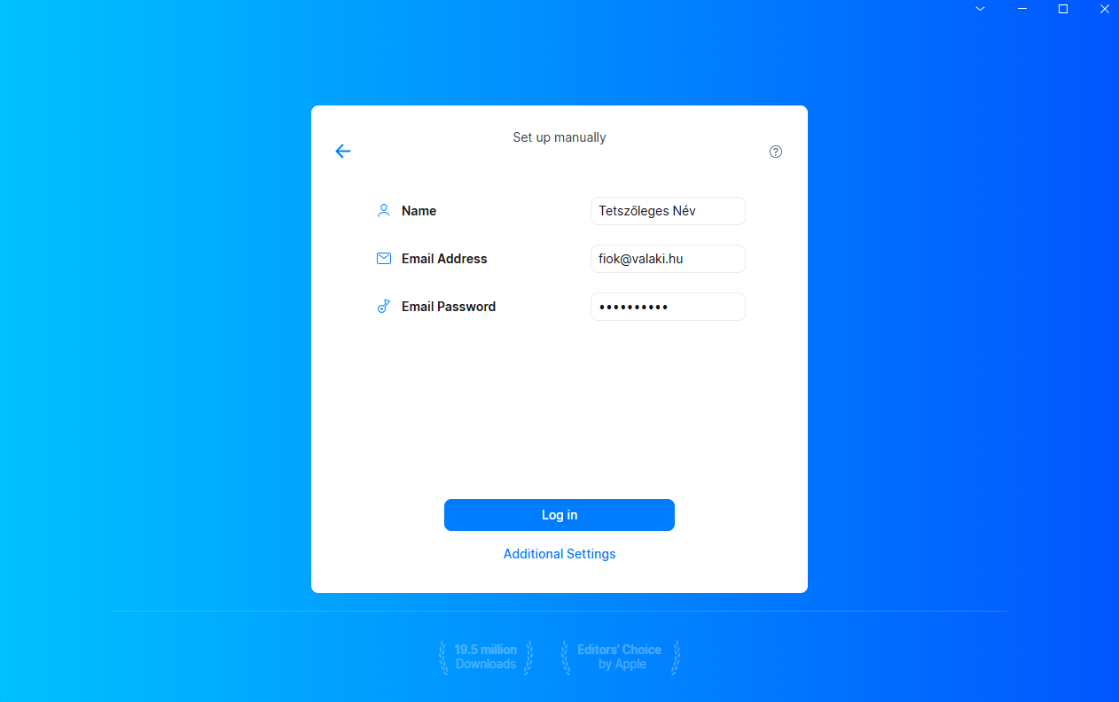Az Additional Settings lehetőség megnyitása a Spark levelezőkliens kézi szerverbeállításaihoz